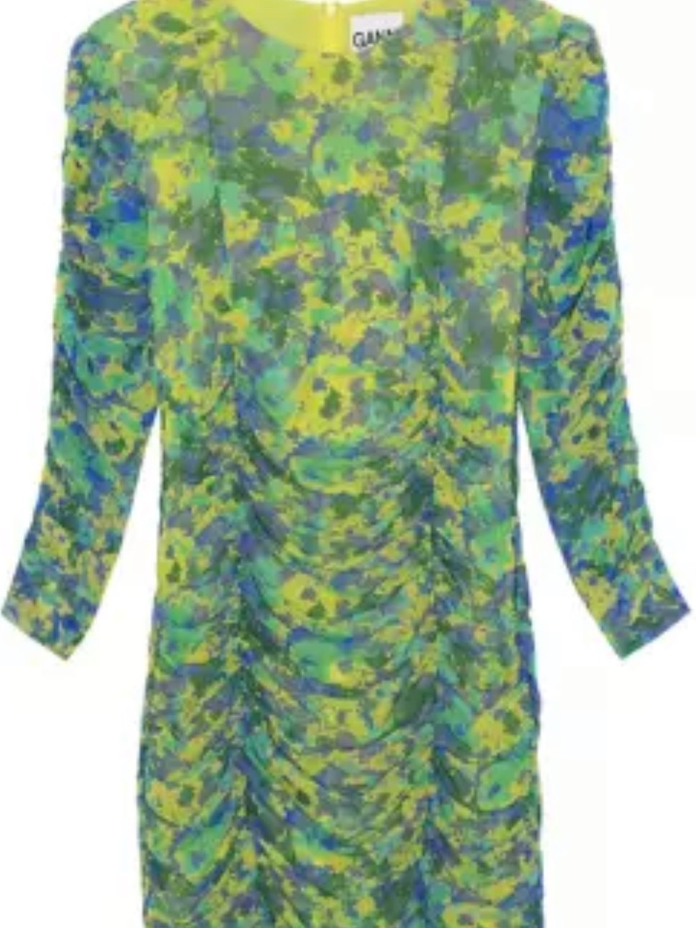 Ganni Green & Blue Floral Ruched Mini-Dress